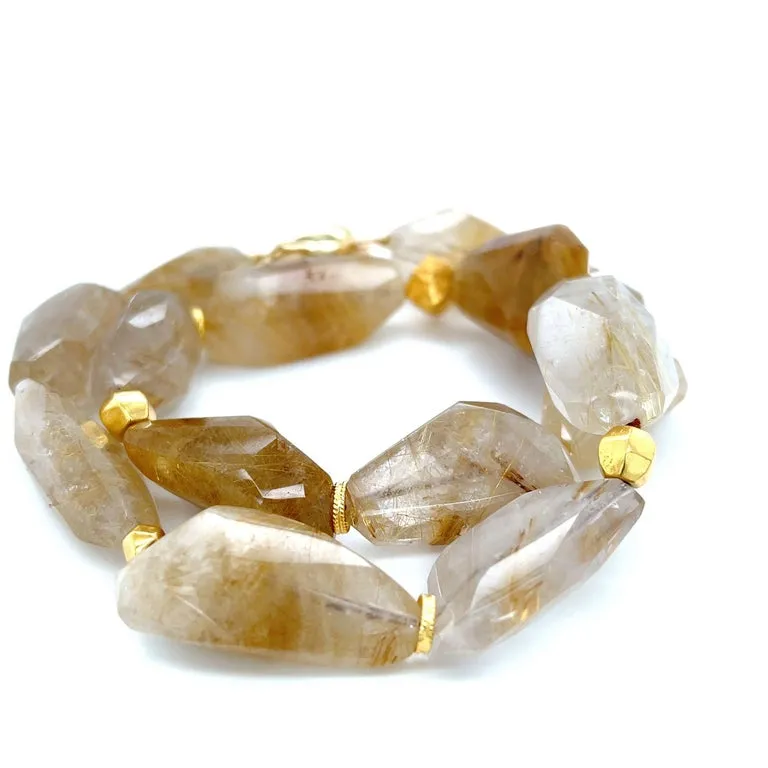 Rutilated Quartz Nugget Beaded Necklace with Yellow Gold Accents, 18 Inches