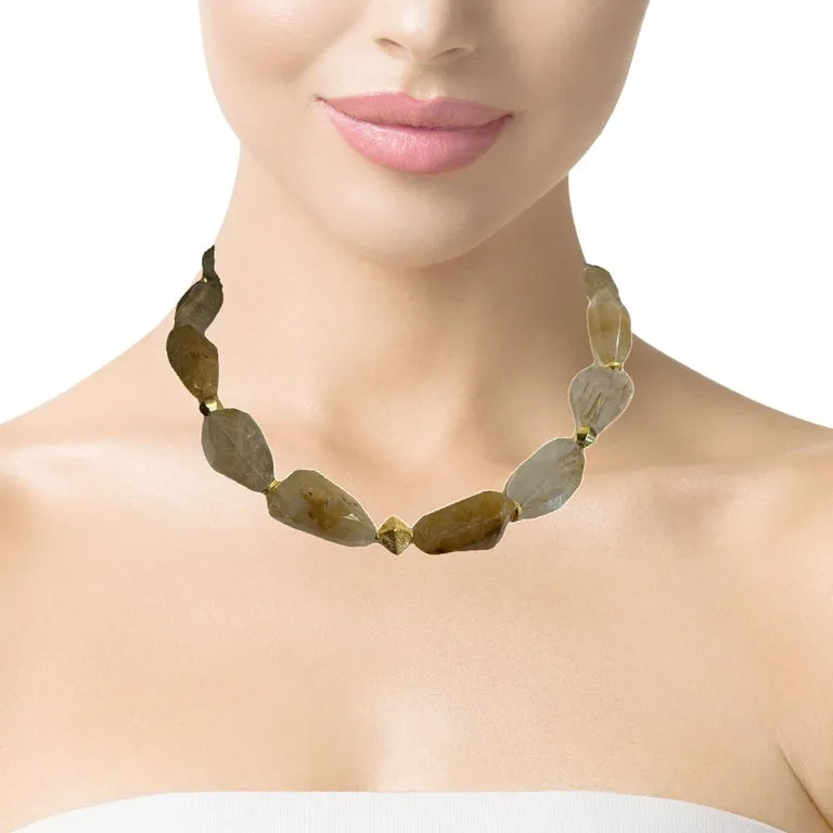 Rutilated Quartz Nugget Beaded Necklace with Yellow Gold Accents, 18 Inches