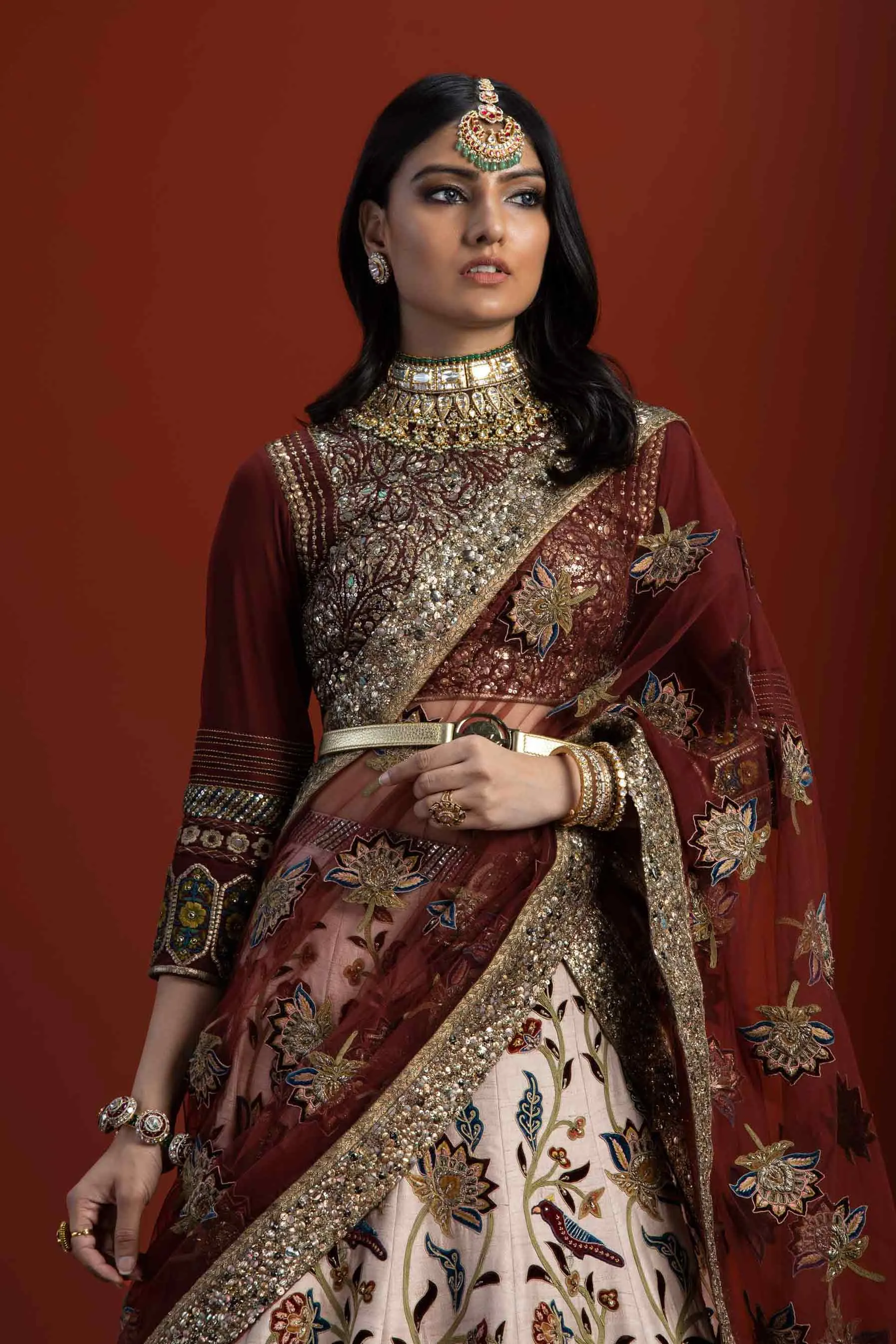 Sabyasachi Red Bridal Lehenga Choli Attire #BN1063