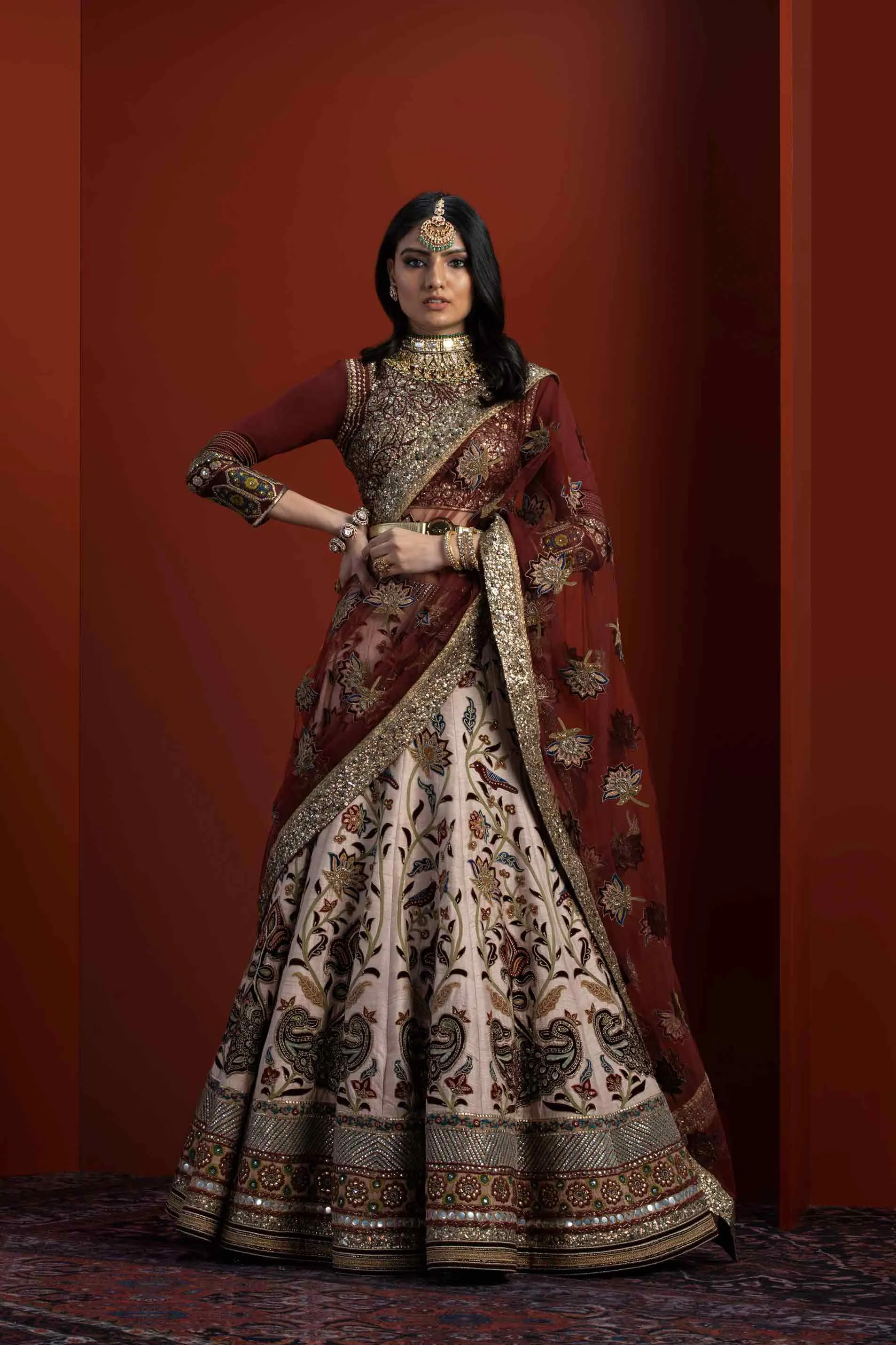 Sabyasachi Red Bridal Lehenga Choli Attire #BN1063