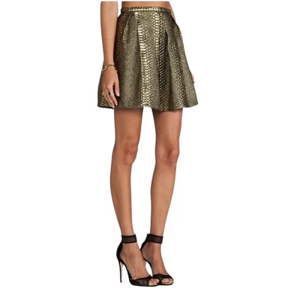 Sachin   Babi Belle Gold Pleated Short Skirt Sz 6 Reptile Embossed Design Pocket