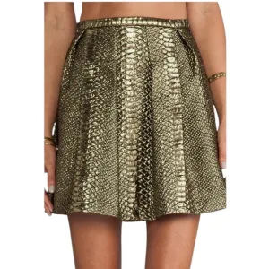 Sachin   Babi Belle Gold Pleated Short Skirt Sz 6 Reptile Embossed Design Pocket