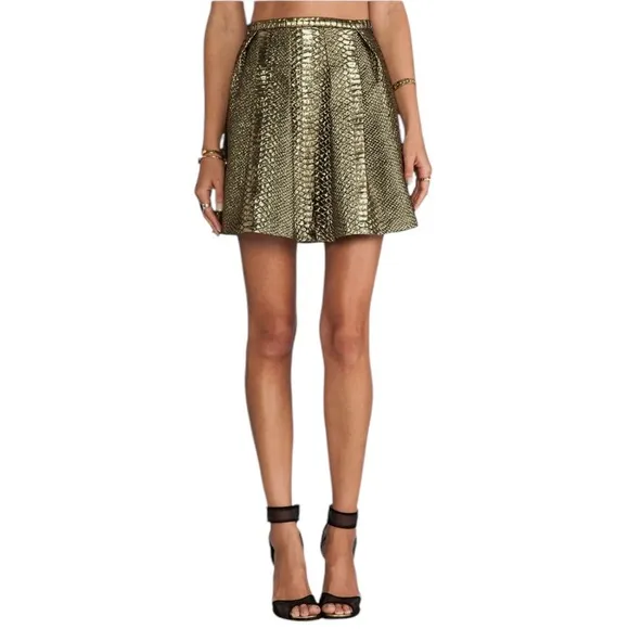 Sachin   Babi Belle Gold Pleated Short Skirt Sz 6 Reptile Embossed Design Pocket