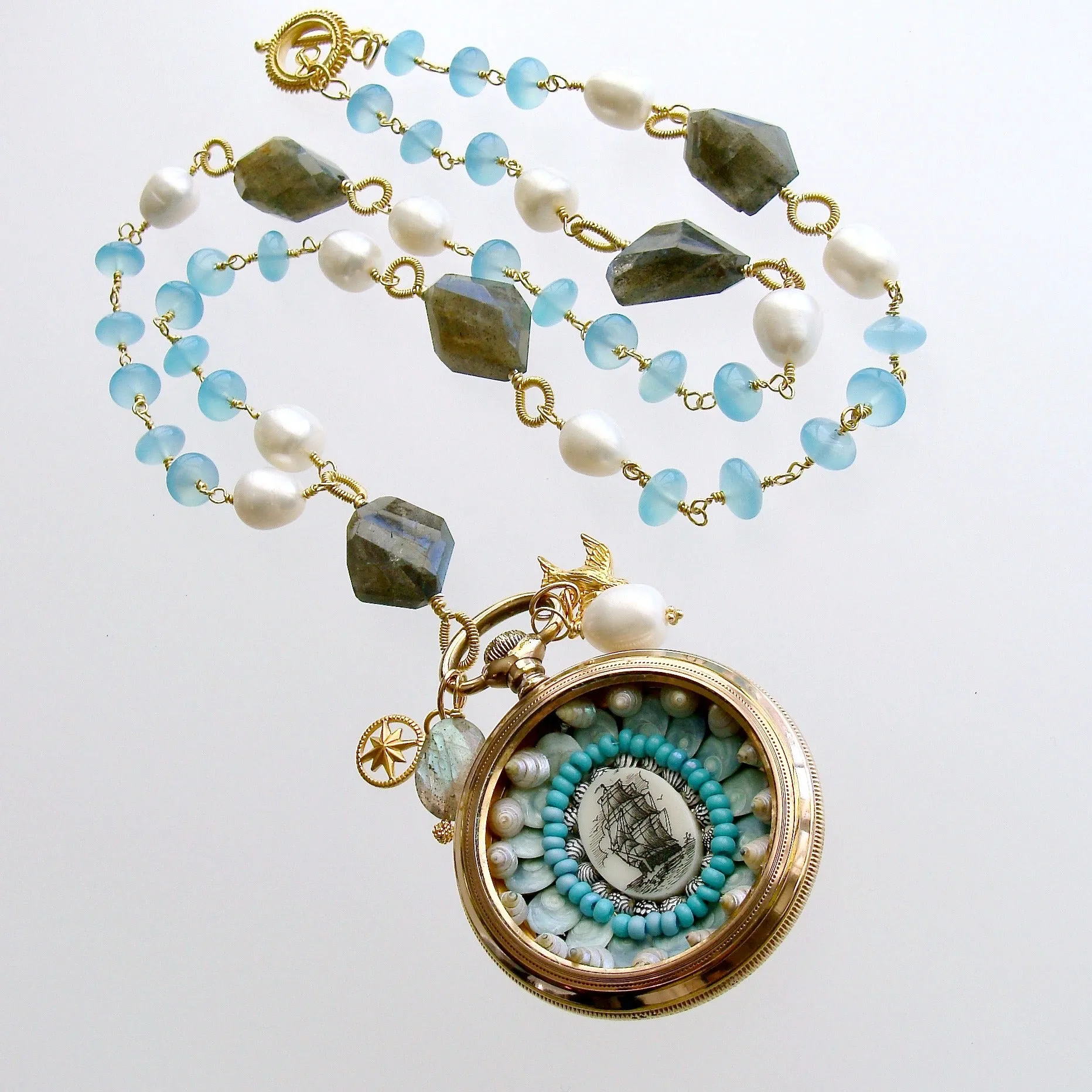 Sailor’s Valentine Pocket Watch Aqua Chalcedony Labradorite Necklace - Antigua IV Necklace