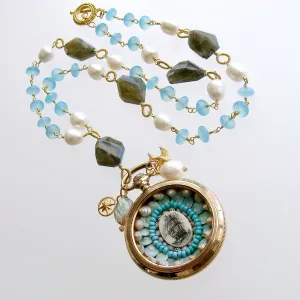 Sailor’s Valentine Pocket Watch Aqua Chalcedony Labradorite Necklace - Antigua IV Necklace