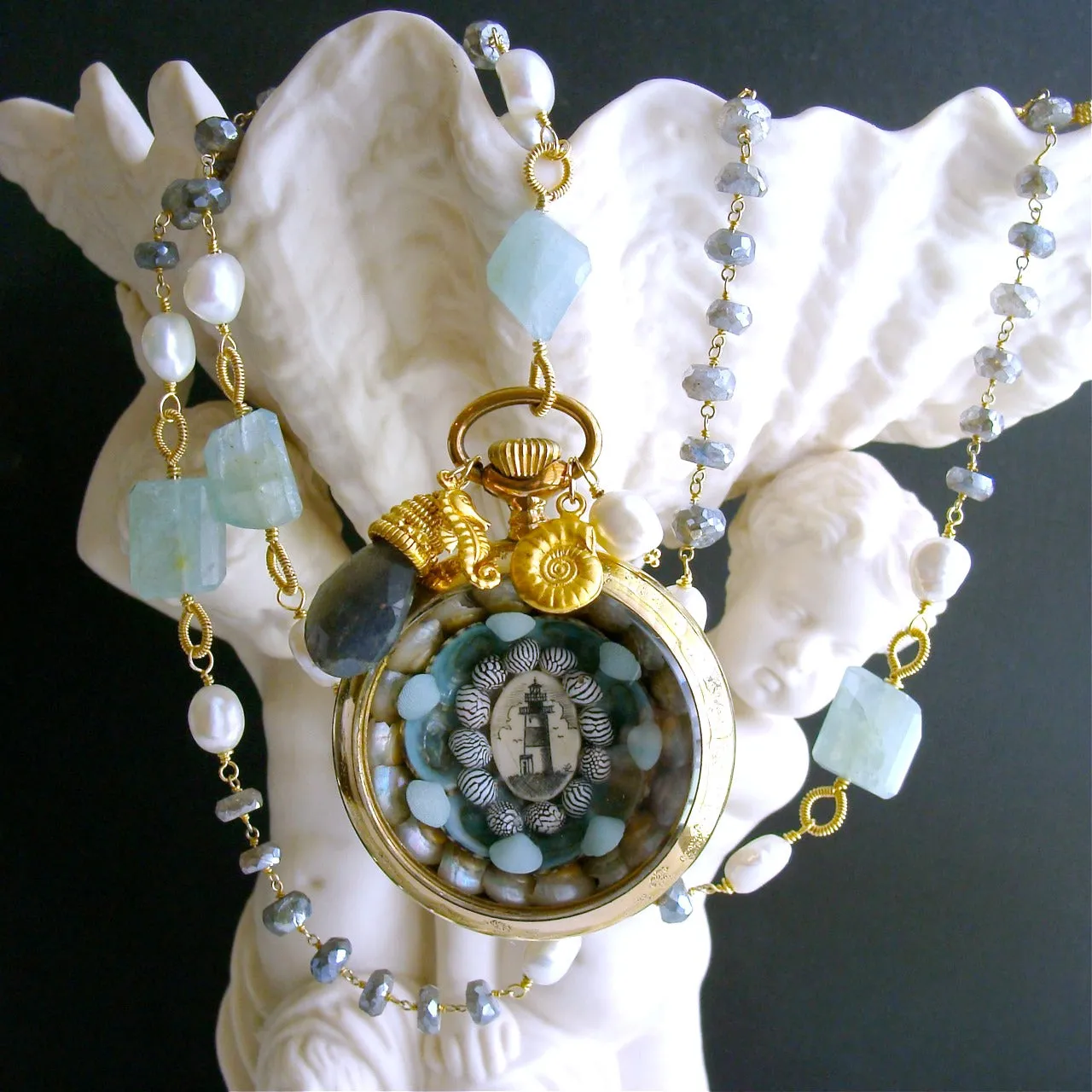 Sailor’s Valentine Pocket Watch Aquamarine Labradorite Necklace - Antigua III Necklace
