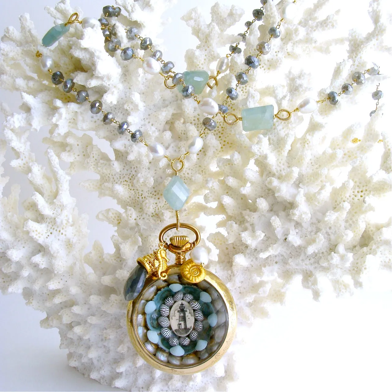 Sailor’s Valentine Pocket Watch Aquamarine Labradorite Necklace - Antigua III Necklace
