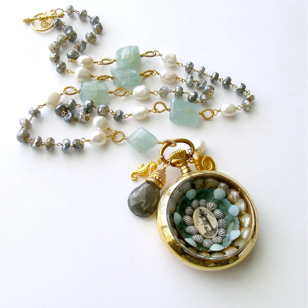 Sailor’s Valentine Pocket Watch Aquamarine Labradorite Necklace - Antigua III Necklace
