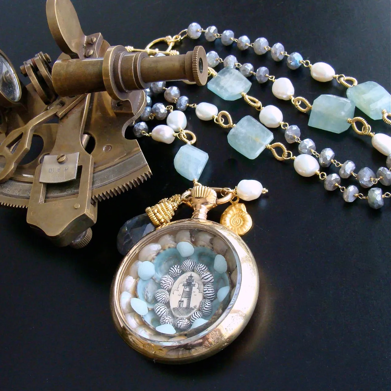 Sailor’s Valentine Pocket Watch Aquamarine Labradorite Necklace - Antigua III Necklace