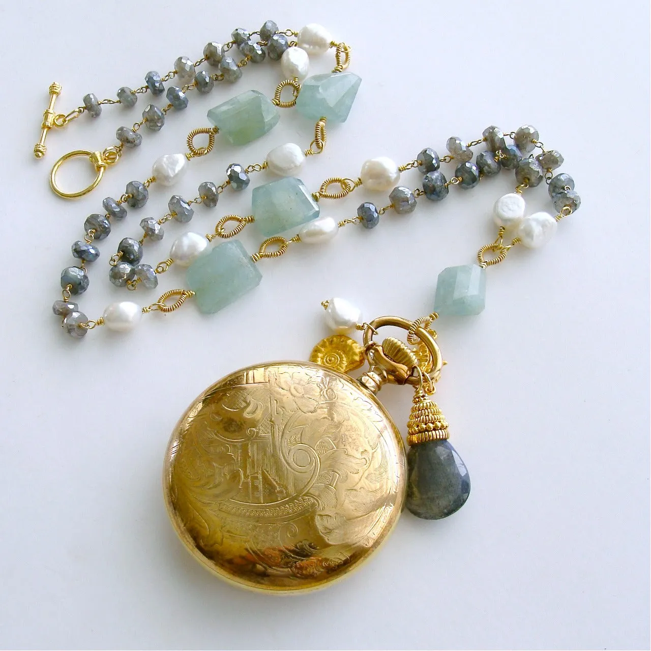Sailor’s Valentine Pocket Watch Aquamarine Labradorite Necklace - Antigua III Necklace