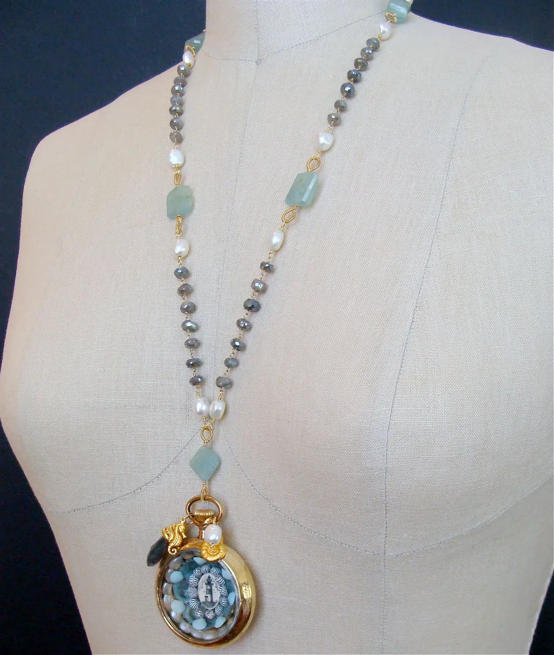 Sailor’s Valentine Pocket Watch Aquamarine Labradorite Necklace - Antigua III Necklace