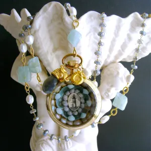Sailor’s Valentine Pocket Watch Aquamarine Labradorite Necklace - Antigua III Necklace