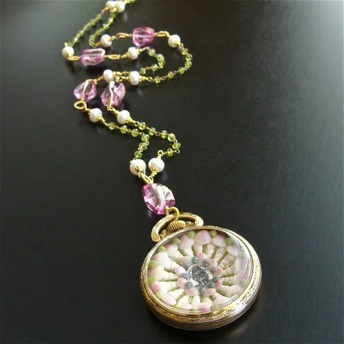 Sailors Valentine Pocket Watch Pink Topaz & Peridot Necklace - Sconset Roses Sailors Valentine Necklace