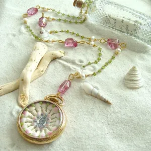 Sailors Valentine Pocket Watch Pink Topaz & Peridot Necklace - Sconset Roses Sailors Valentine Necklace
