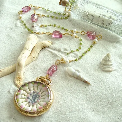 Sailors Valentine Pocket Watch Pink Topaz & Peridot Necklace - Sconset Roses Sailors Valentine Necklace