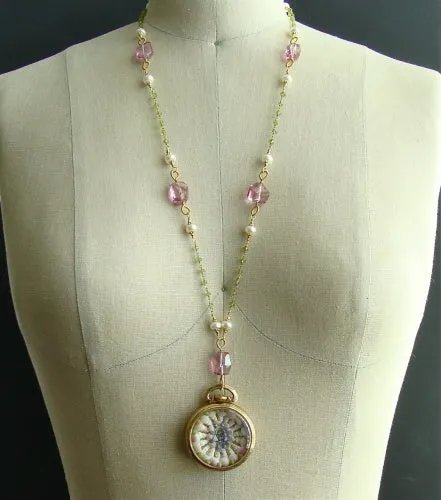 Sailors Valentine Pocket Watch Pink Topaz & Peridot Necklace - Sconset Roses Sailors Valentine Necklace