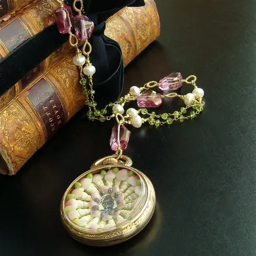 Sailors Valentine Pocket Watch Pink Topaz & Peridot Necklace - Sconset Roses Sailors Valentine Necklace