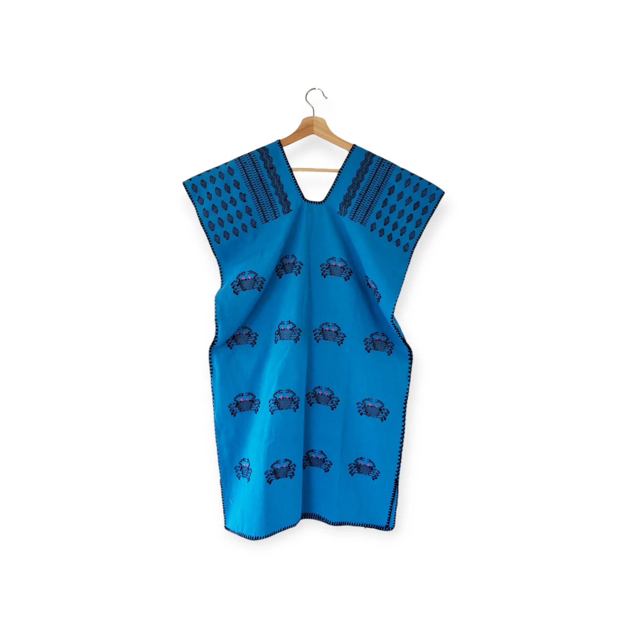 San Juan Colorado Huipil Mexican Kaftan - Blue with Black Crabs