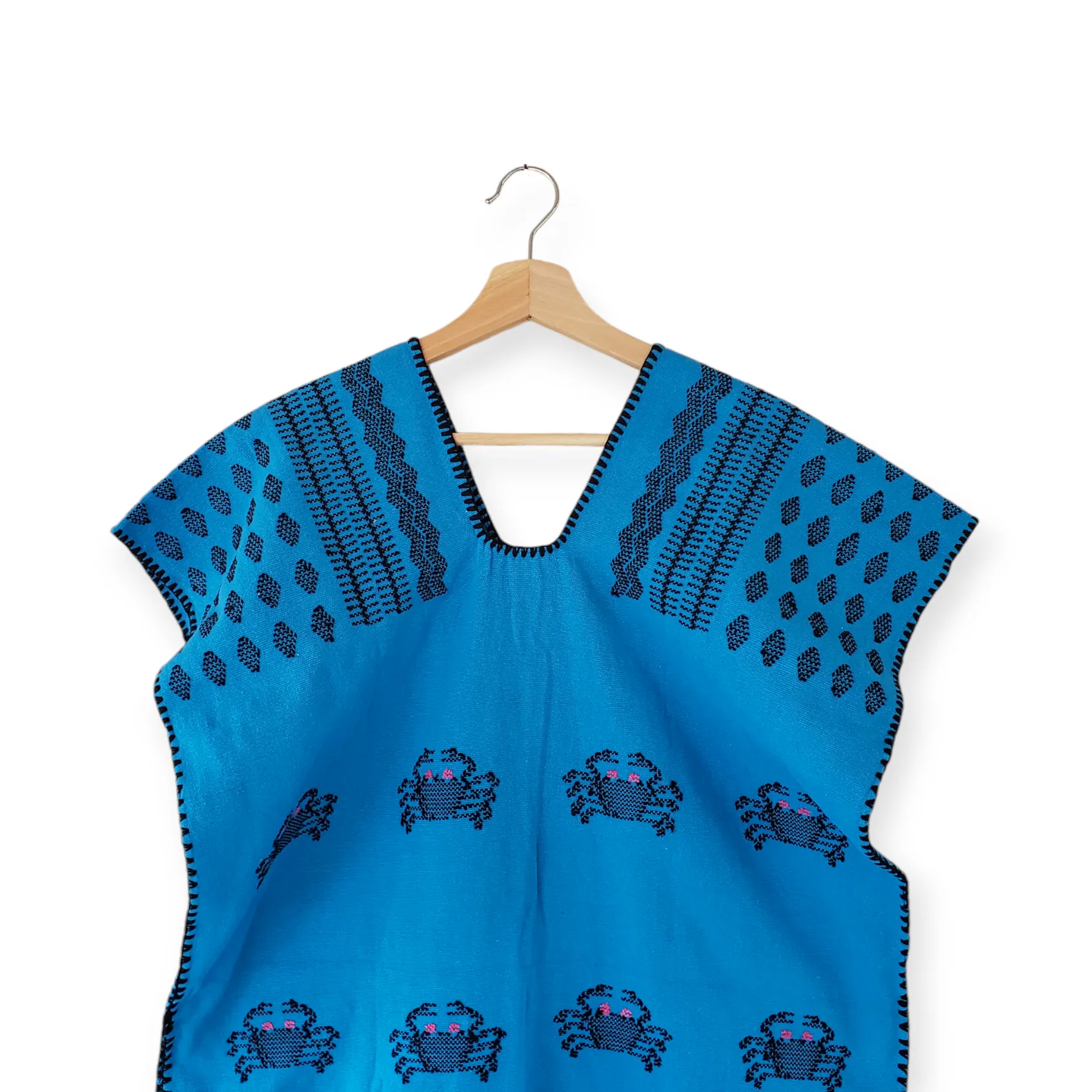San Juan Colorado Huipil Mexican Kaftan - Blue with Black Crabs