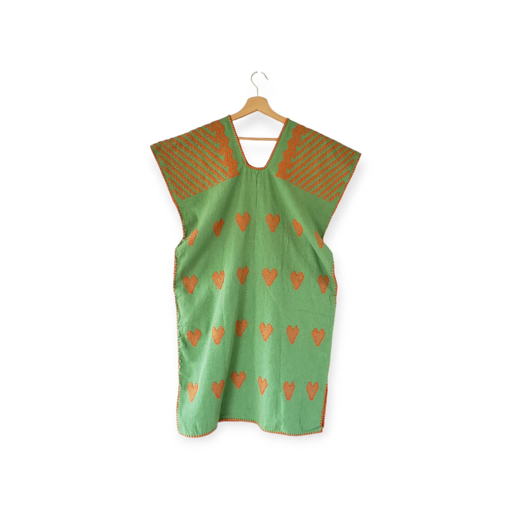 San Juan Colorado Huipil Tunic Dress - Green/Orange Heart