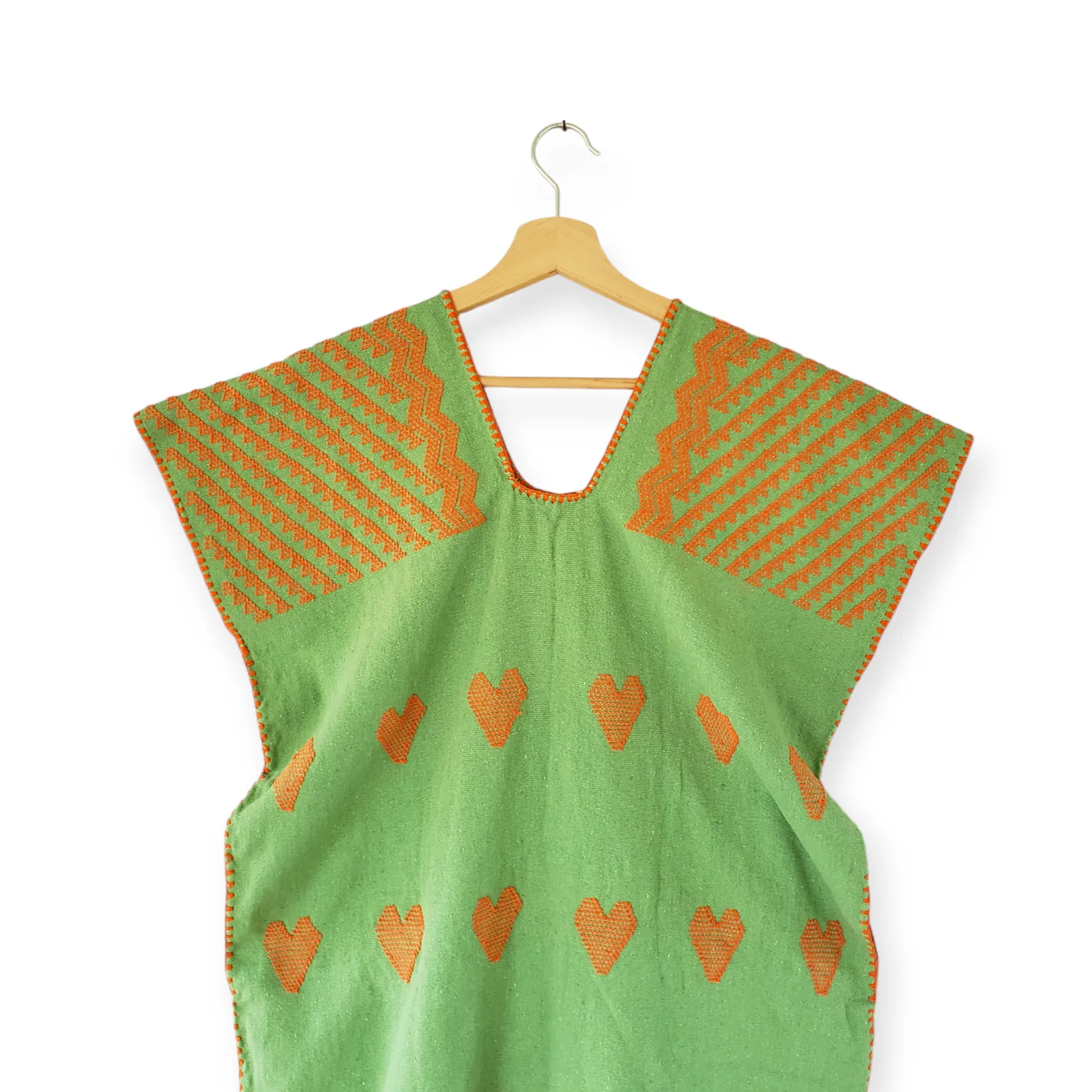 San Juan Colorado Huipil Tunic Dress - Green/Orange Heart