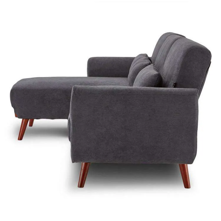 SARANTINO FAUX VELVET SOFA BED COUCH LOUNGE CHAISE CUSHIONS DARK GREY