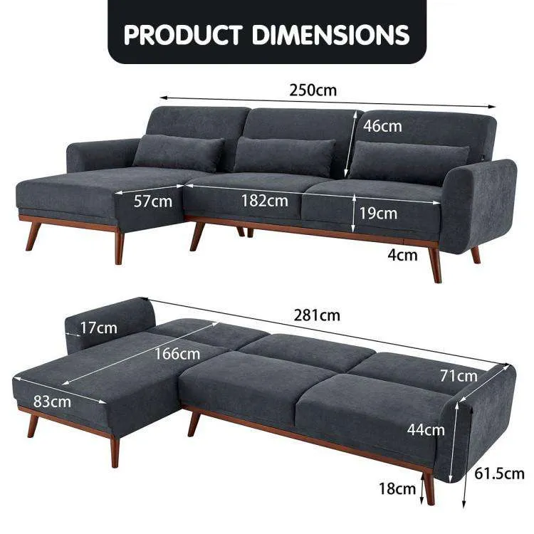 SARANTINO FAUX VELVET SOFA BED COUCH LOUNGE CHAISE CUSHIONS DARK GREY
