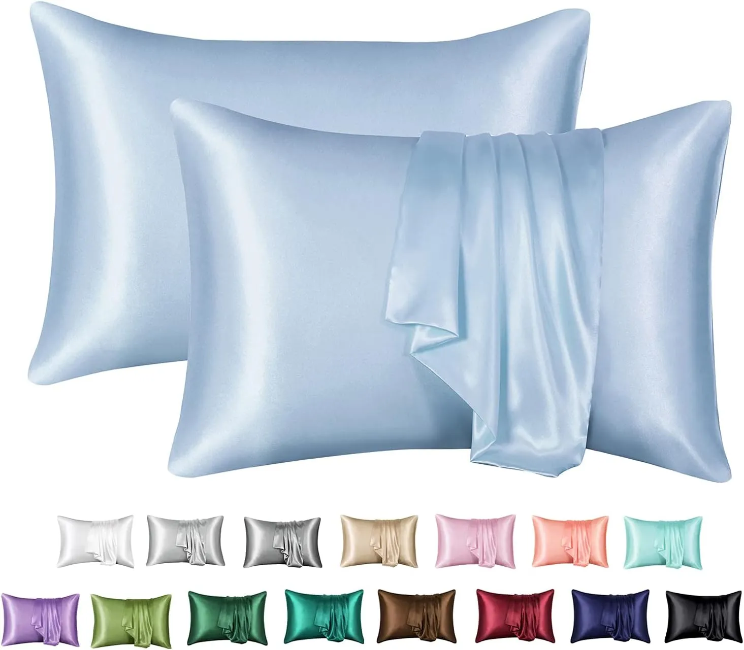 Satin Pillowcase for Hair and Skin, Silk Satin Pillowcase 2 Pack, Standard Size Pillow Cases Set of 2, Silky Pillow Cover with Envelope Closure (20x26, Light Blue)