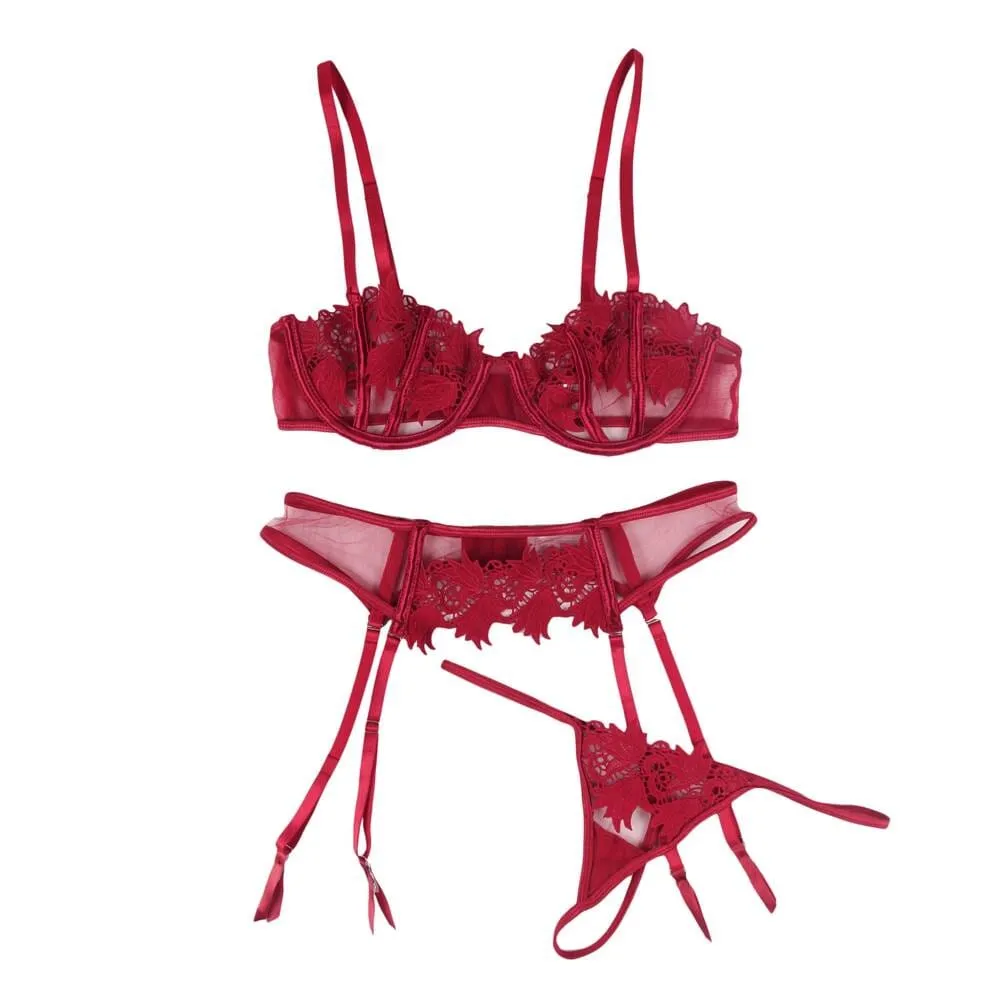 Scandals Embroidery 3 piece set Elegant Applique Lace Bra With Underwire