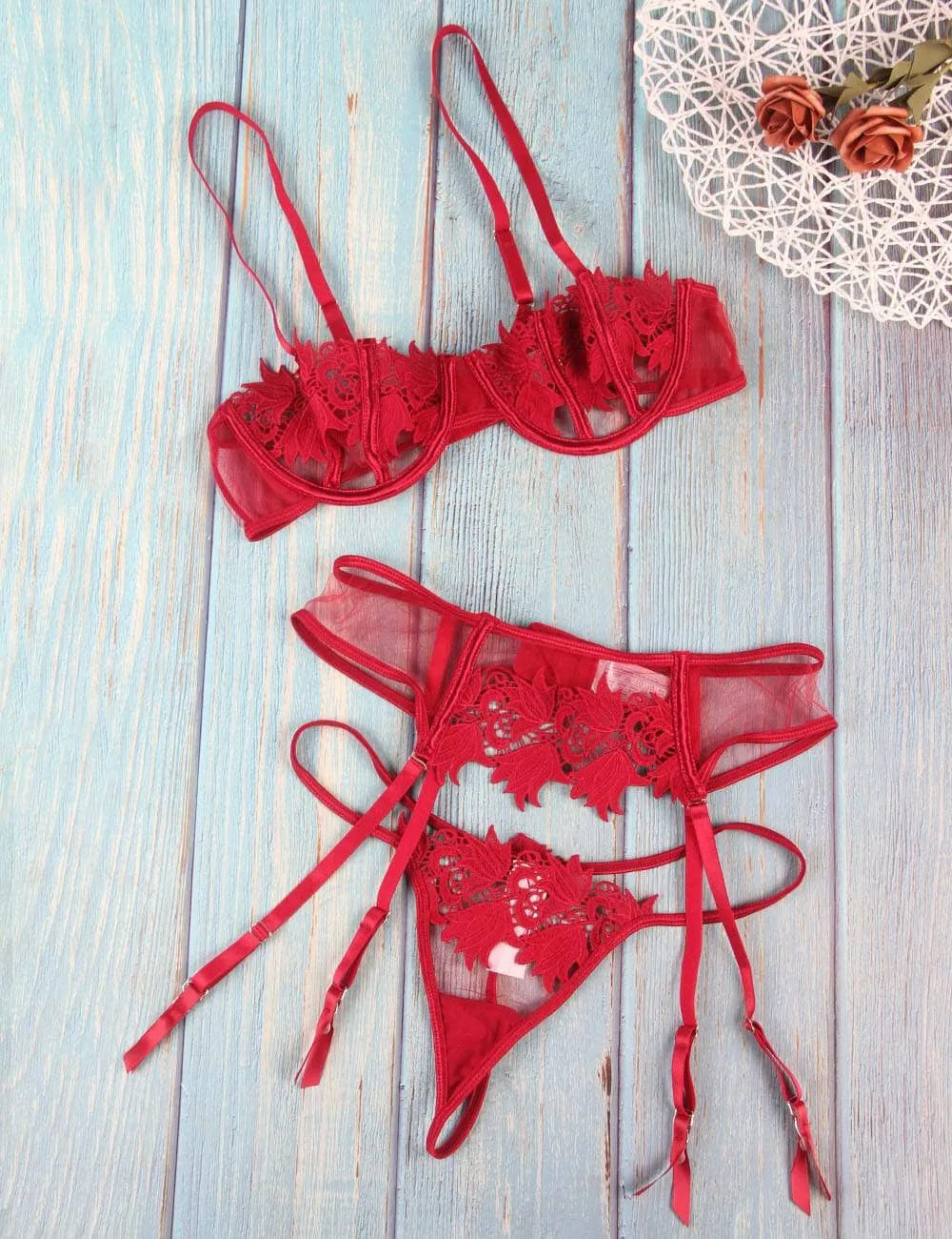 Scandals Embroidery 3 piece set Elegant Applique Lace Bra With Underwire