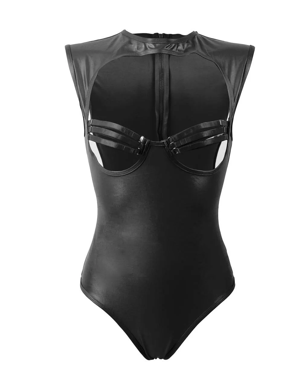 Scandals Faux Leather Open Bust Lingerie with Strappy Design