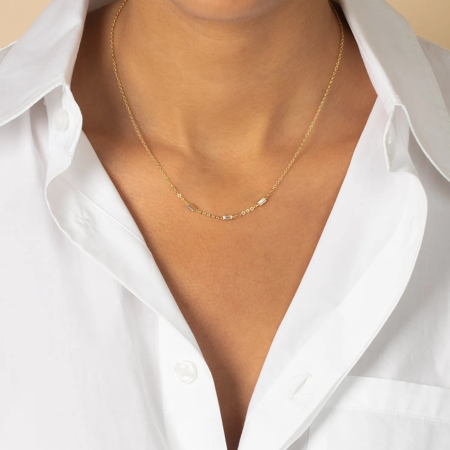 Scattered CZ Triple Baguette Bezel Necklace