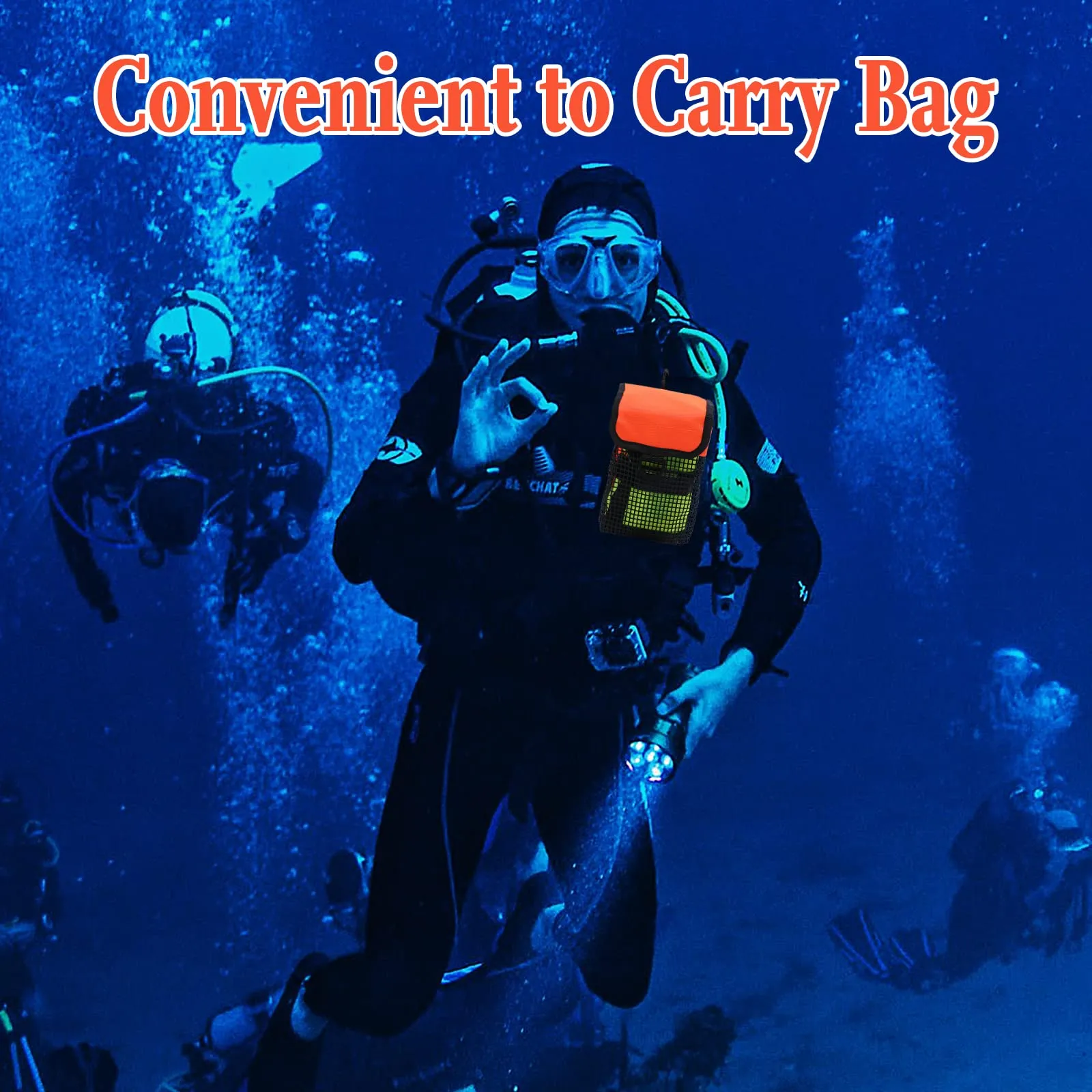 Scuba Diving Gear Bag, Finger Reel/SMB Safety Surface Marker Buoy Mesh Storage Pocket, Snorkeling Equipment Holder Carry Pouch Orange