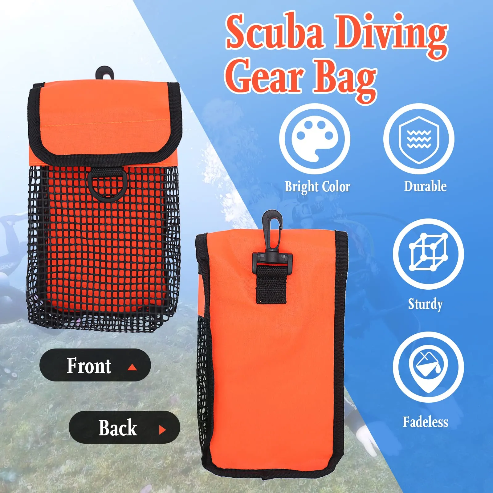 Scuba Diving Gear Bag, Finger Reel/SMB Safety Surface Marker Buoy Mesh Storage Pocket, Snorkeling Equipment Holder Carry Pouch Orange