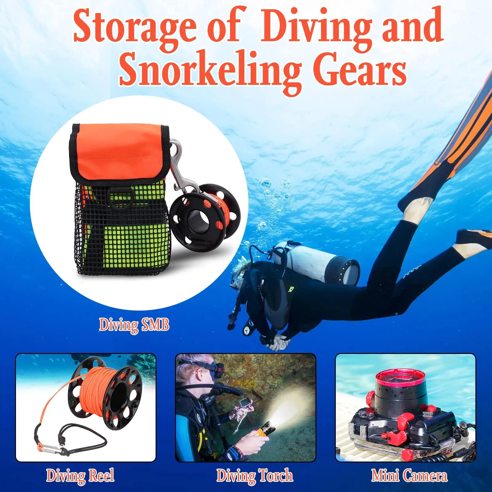 Scuba Diving Gear Bag, Finger Reel/SMB Safety Surface Marker Buoy Mesh Storage Pocket, Snorkeling Equipment Holder Carry Pouch Orange