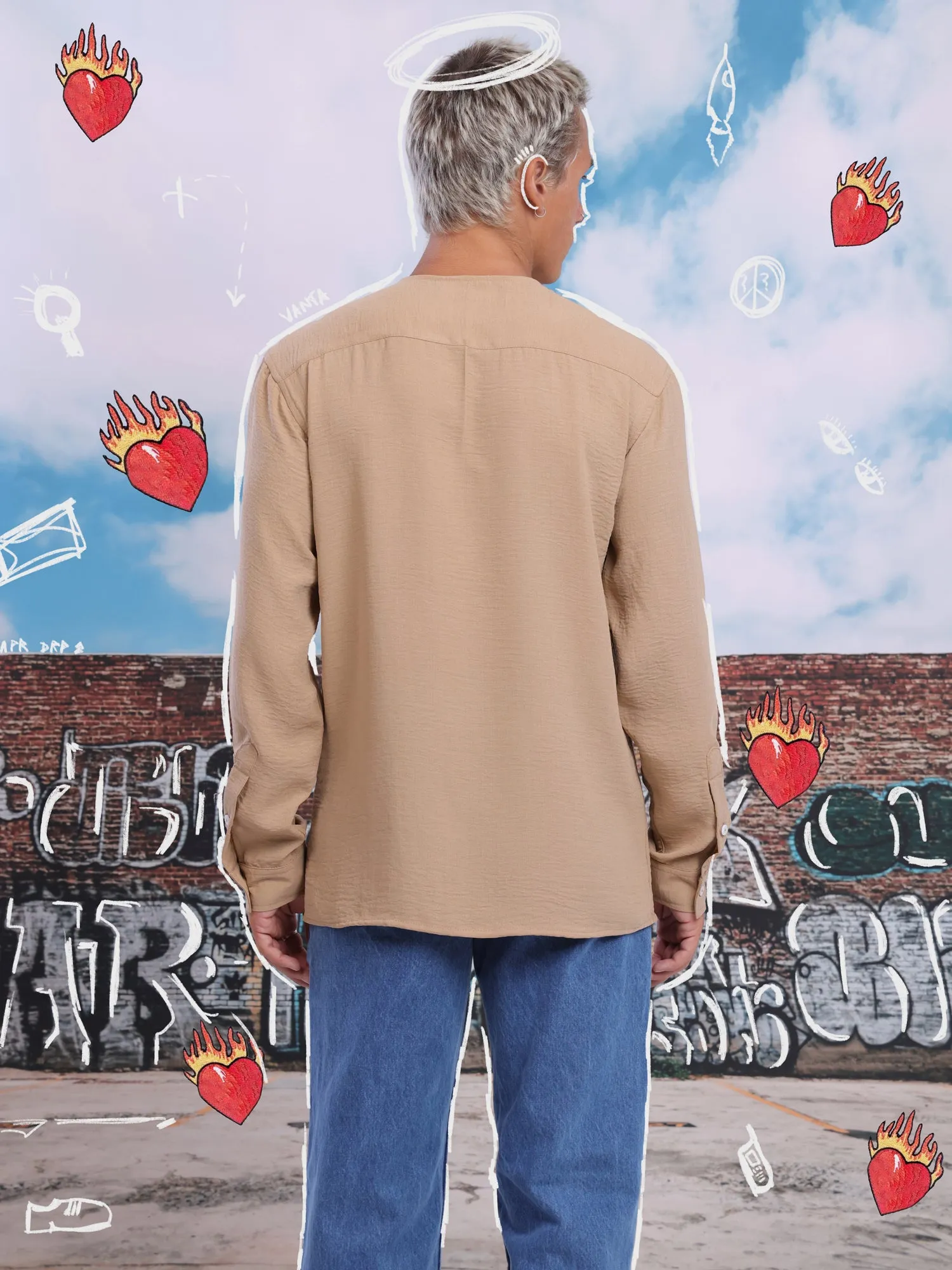Seam pocket detailed round neck collar shirt