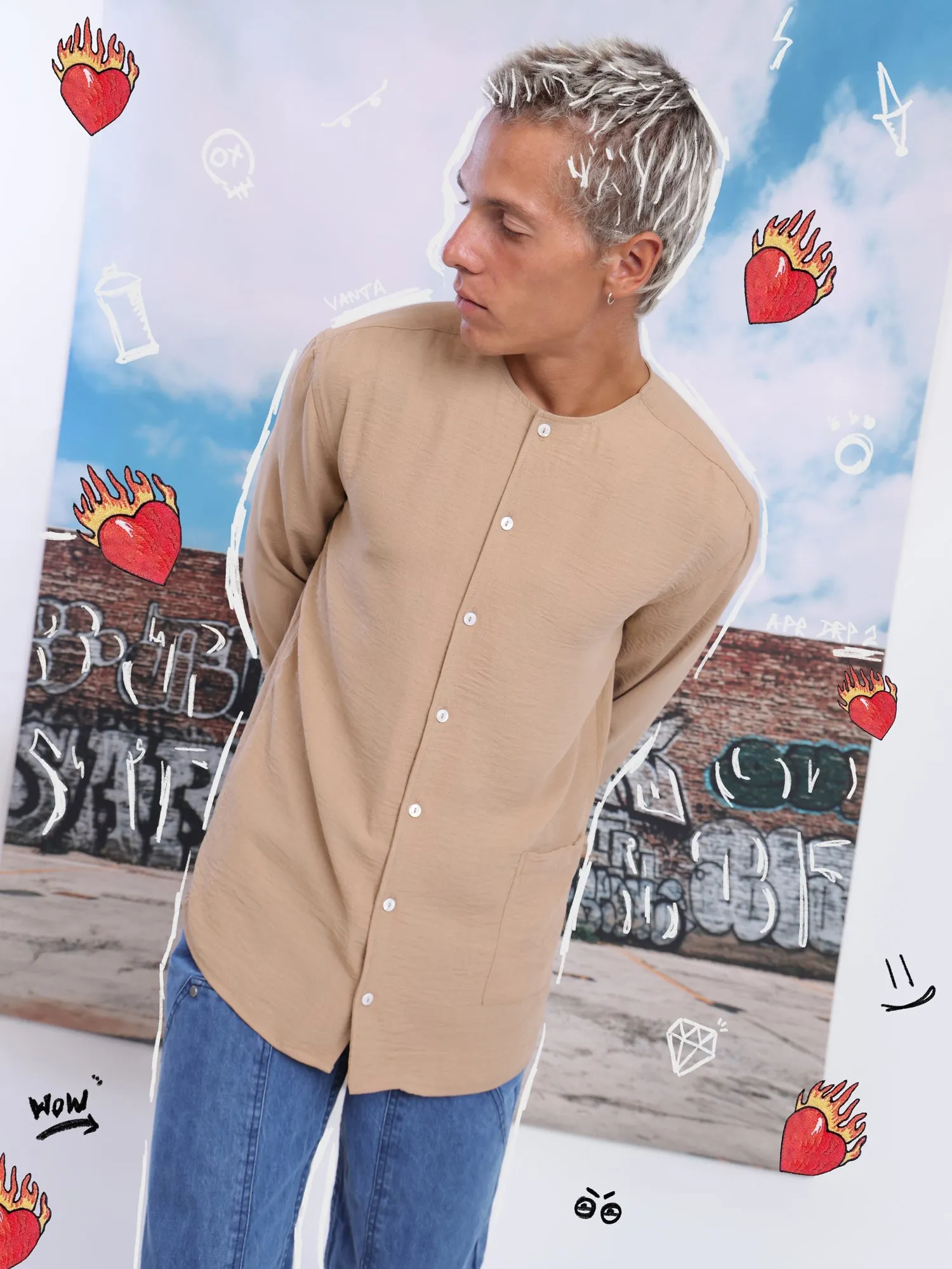 Seam pocket detailed round neck collar shirt