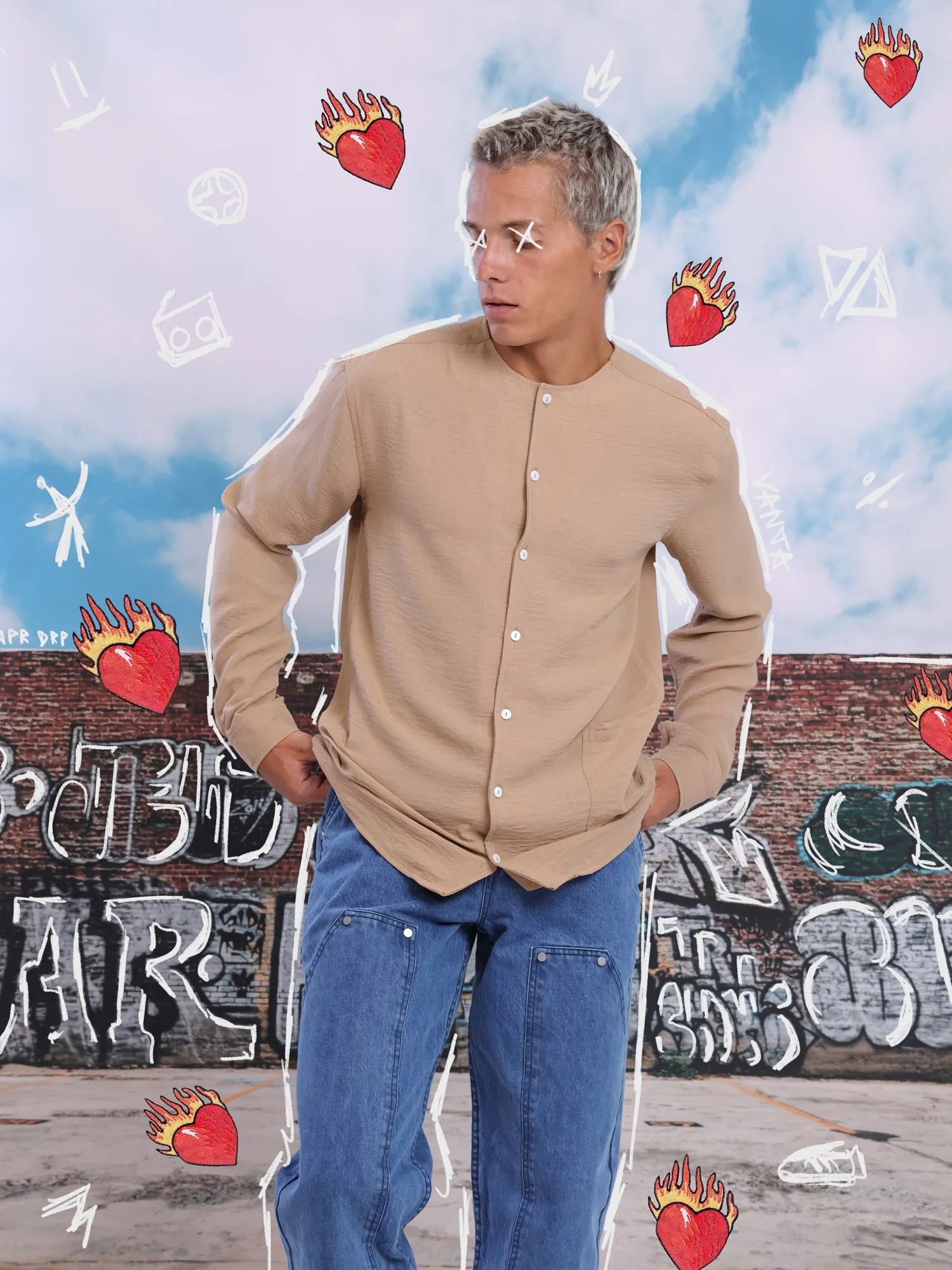Seam pocket detailed round neck collar shirt