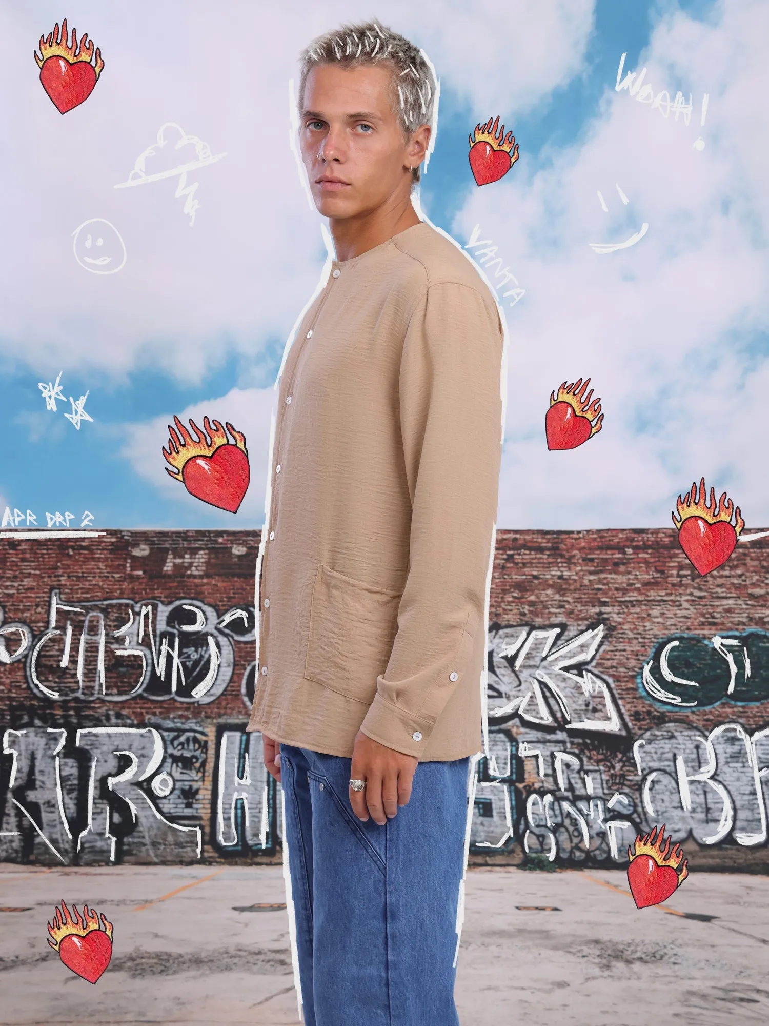 Seam pocket detailed round neck collar shirt