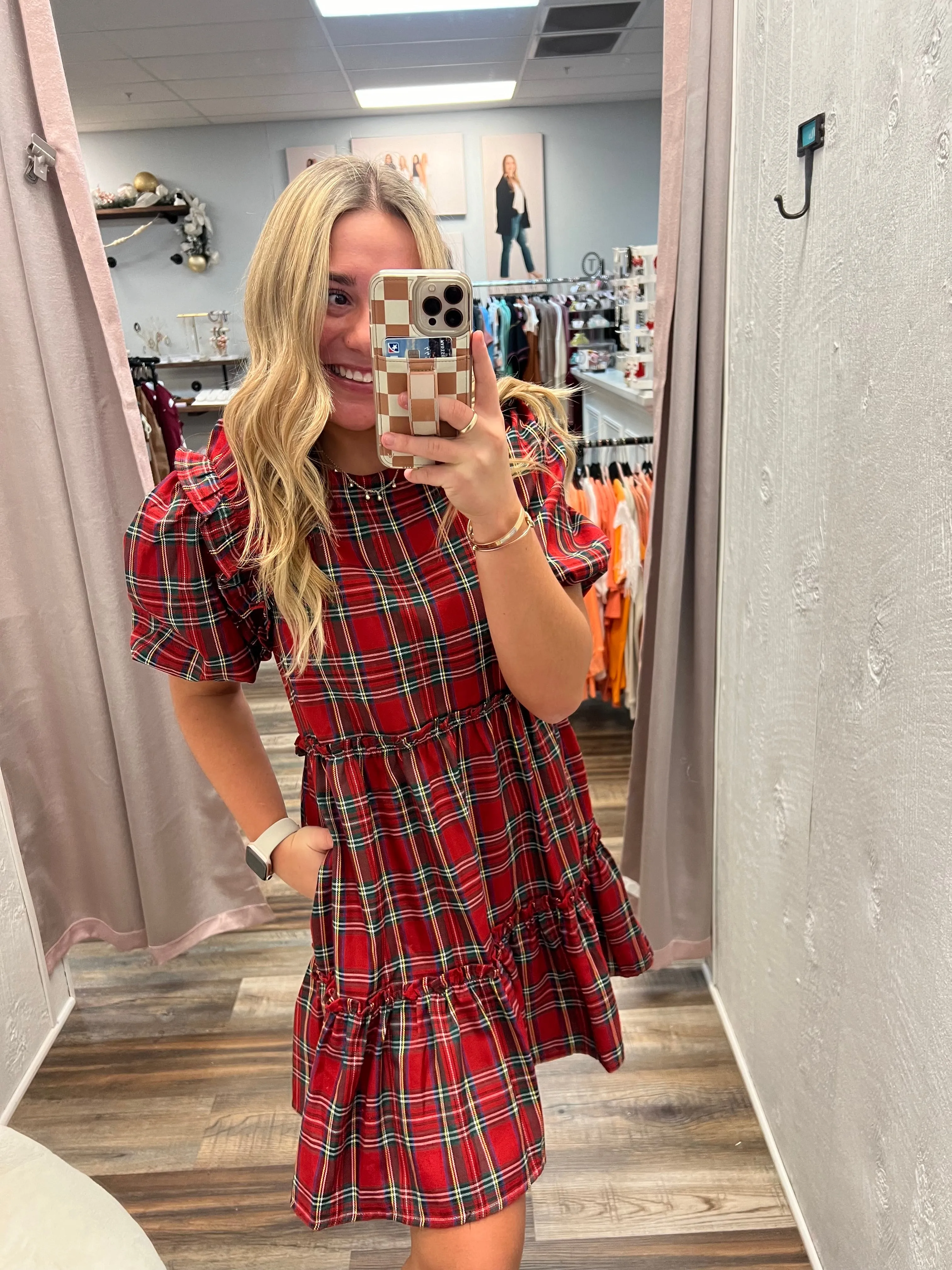 See You on Christmas Eve Plaid Dress in Red