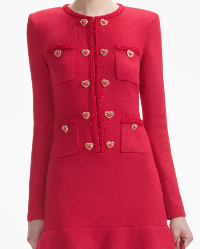 SELF PORTRAIT Red Knit Heart Buttoned Mini Dress