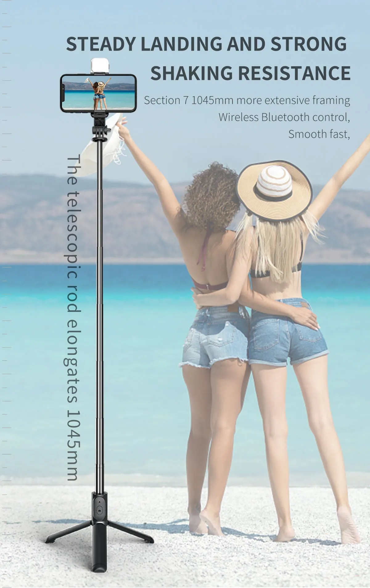 Selfie Stick Extendable Tripod with USB Charging Bluetooth Remote & Supplementary Light Compatible with IOS & Android Phones - 41 inches