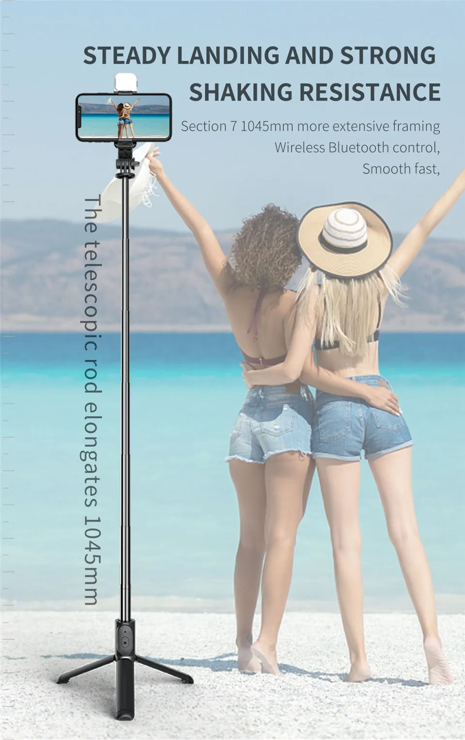 Selfie Stick Extendable Tripod with USB Charging Bluetooth Remote & Supplementary Light Compatible with IOS & Android Phones - 41 inches