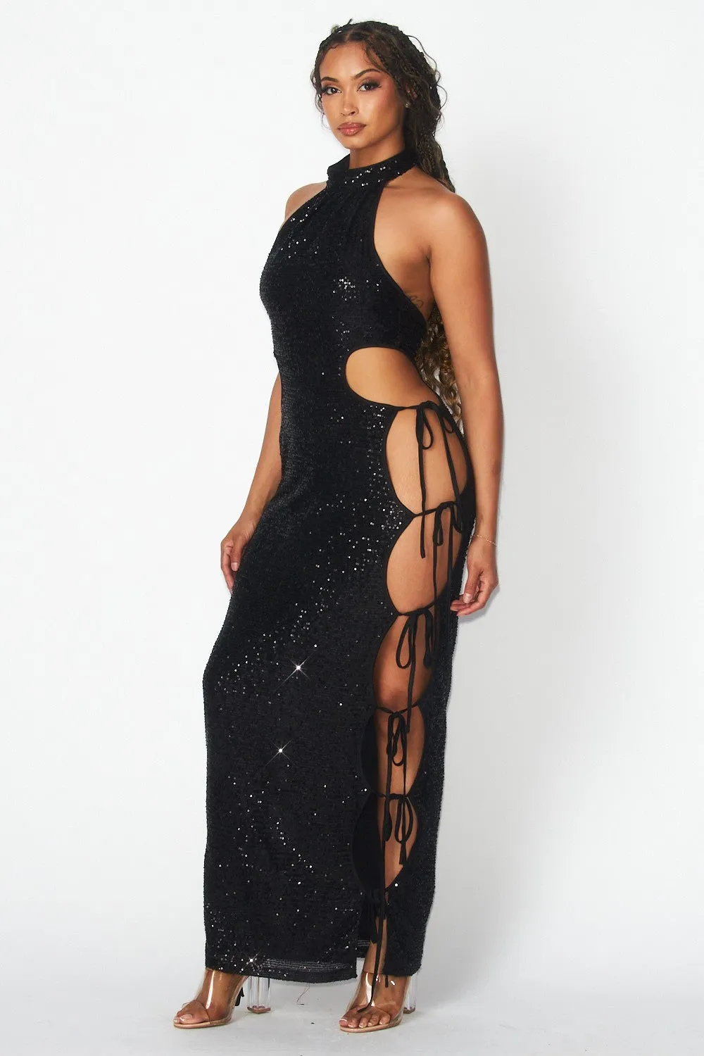 Sequin Side Lace Up Long Dress