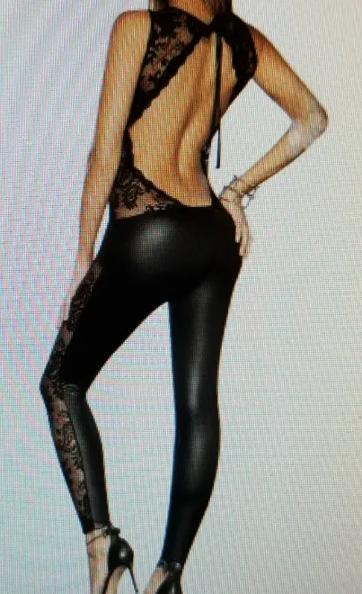 Sexy Black Faux Leather Lace Open Back Body Suit