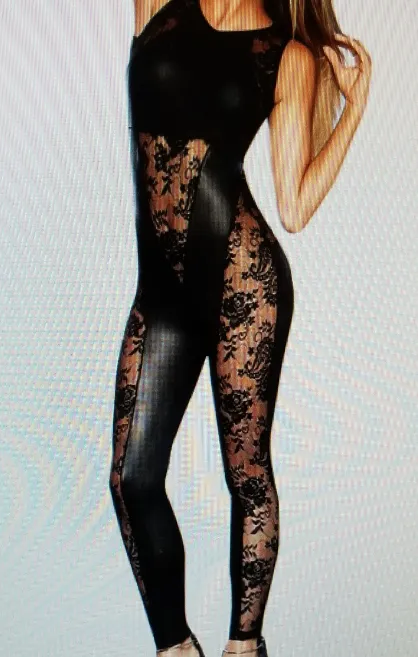 Sexy Black Faux Leather Lace Open Back Body Suit