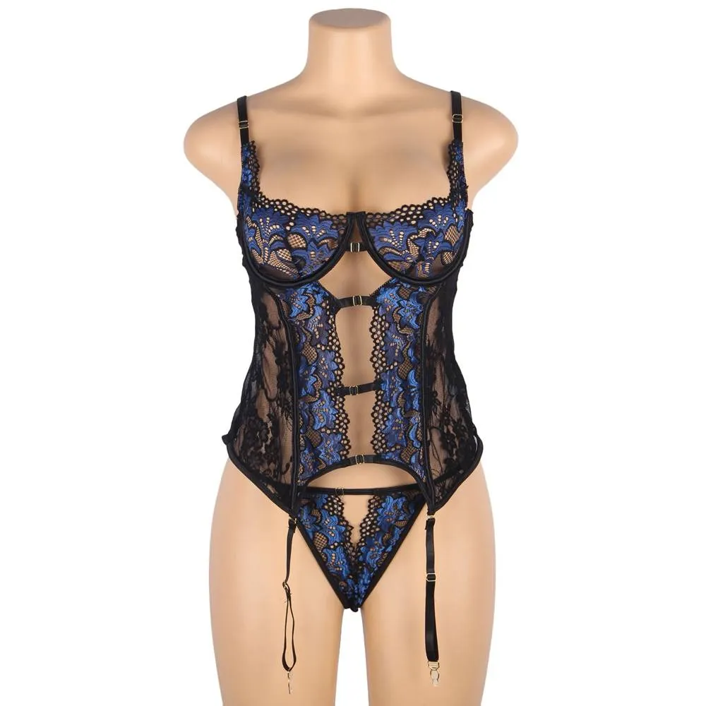 Sexy Lace Stitching Gartered Lingerie Set With Underwire With Farawlaya