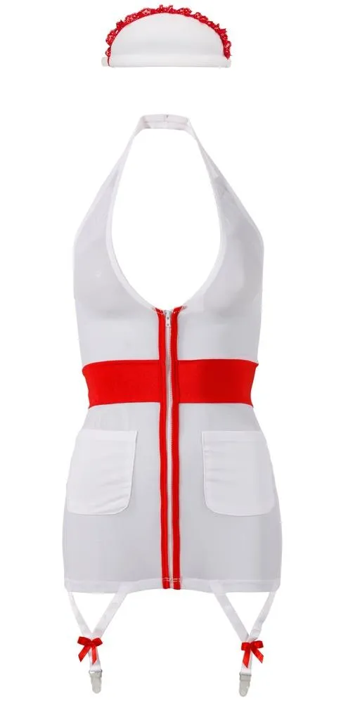 Sexy Nurse Costume Mini Dress With Halterneck, Red Cross Inserts & Suspender Straps