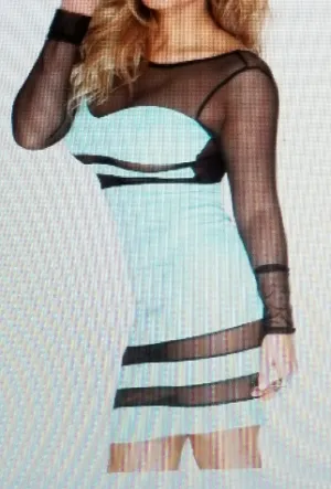 Sexy Sky Blue Long Sleeve Sheer Front/Back Mini Dress
