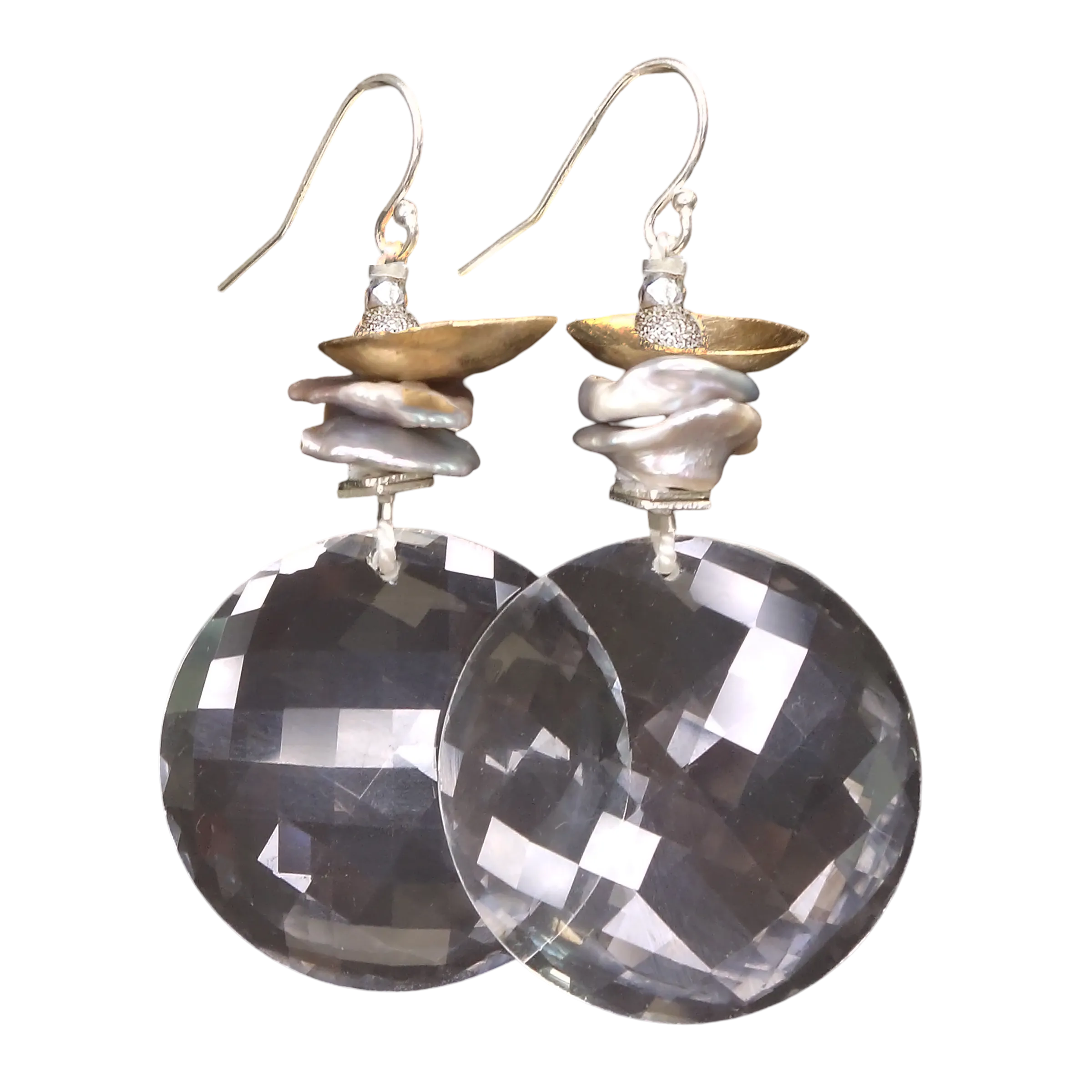 She was Crystal Clear: hand hammered gold, silver, pearl and quartz earring